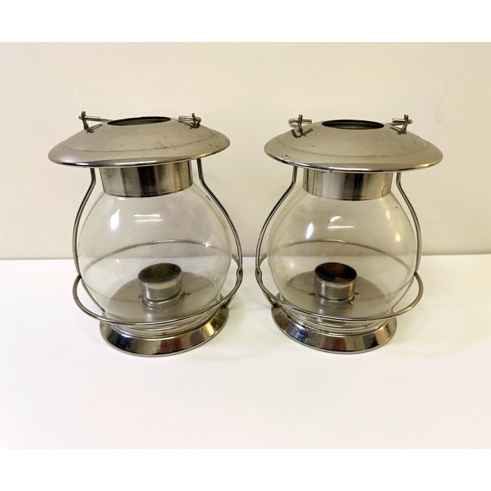 Pair Silver Tone Glass Candle Lanterns Hurricane Holders Metal Handle 8”